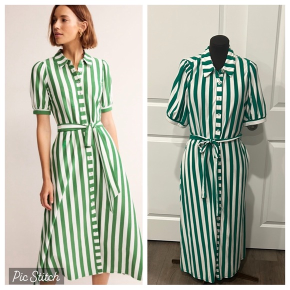 Boden Dresses & Skirts - Boden Libby Green Stripe Button Down Shirtdress Tie Belt Dress Midi Size 12R
